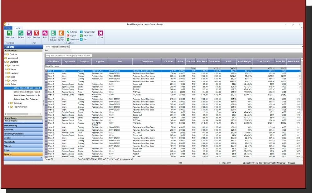 RMH Central Manager - Detailed Sales Report - 3 Stores